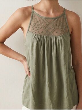 Mudd Olive Embroidered Mesh Yoke Tank Top